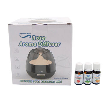 Crystal Aire Rosebud Diffuser with Sweet Orange, Grapefruit and Peppermint essential oil Bundle