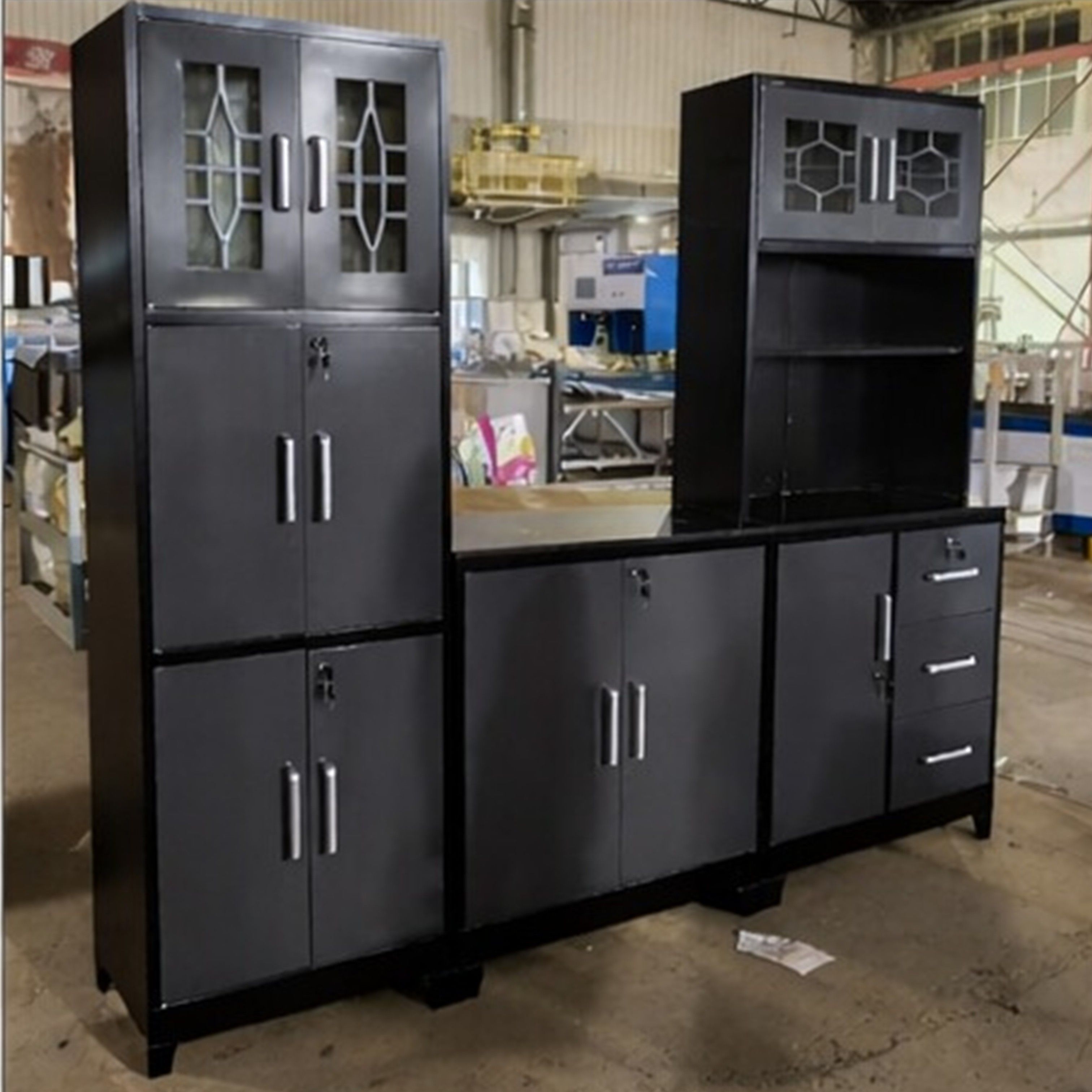 Madiega Furniture - 3-Piece Dark Grey & Black Steel Kitchen Pantry Unit with Locks