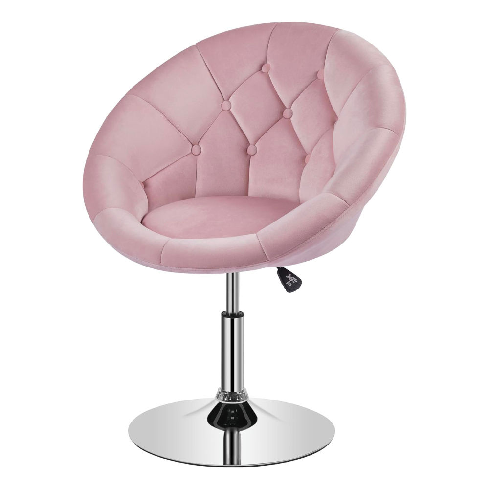 Pink Velvet Swivel Chair with Adjustable Height and Chrome Base