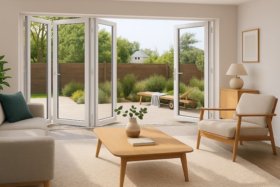 Kenzo - SFD4FG6RW - Aluminium Fold A-Side Door 2.4mx2.1m White 3 Doors Open Right, 1 Door Open Left Viewed From Outside