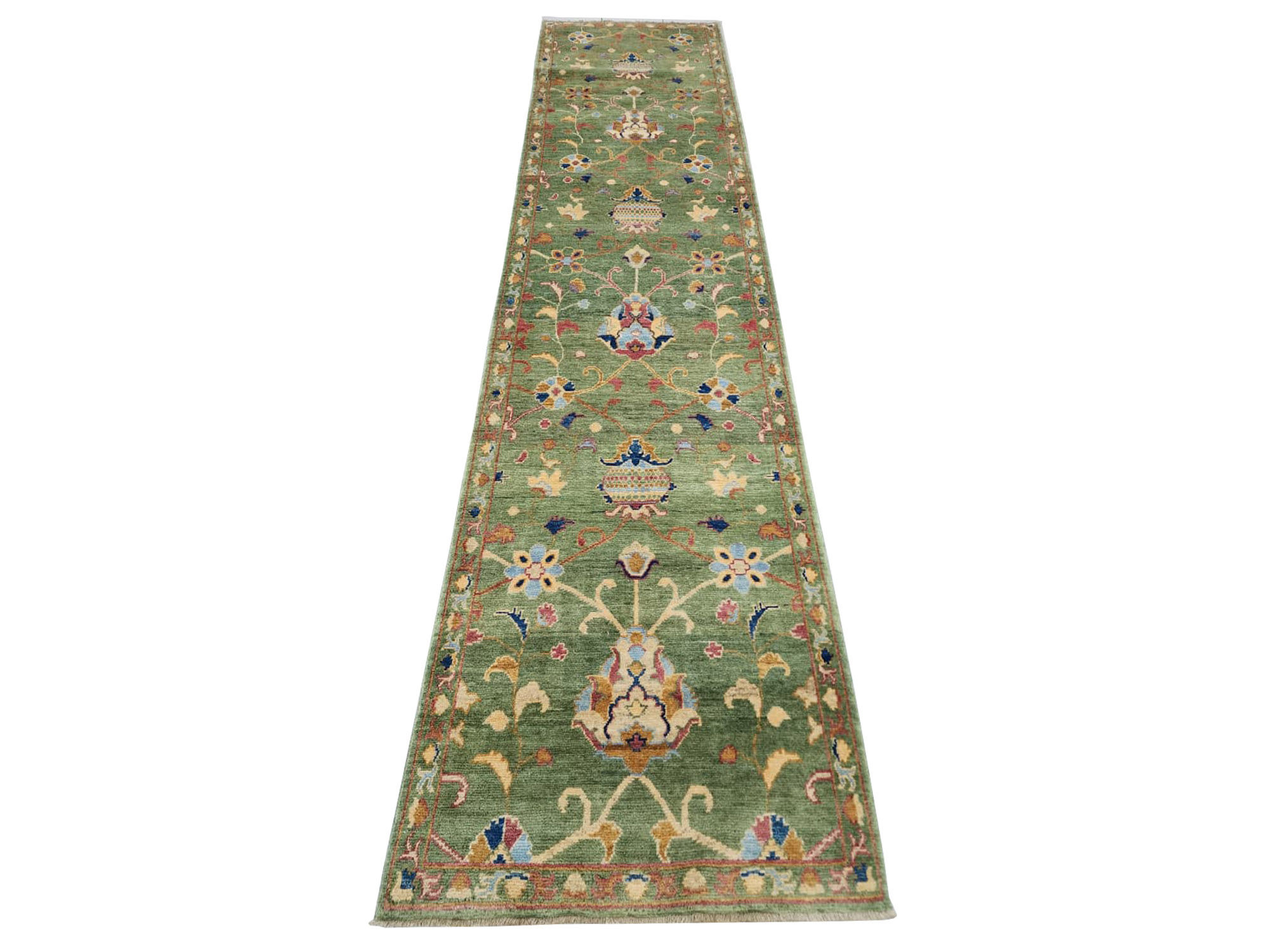 Carpetly - Rare Green Afghan Ariana Handknotted Passage Runner 373 x 89 CM