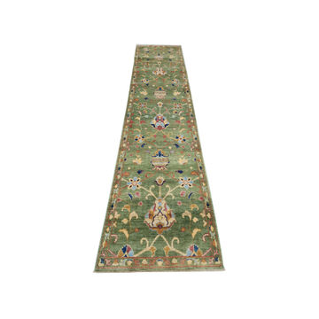 Carpetly - Rare Green Afghan Ariana Handknotted Passage Runner 373 x 89 CM