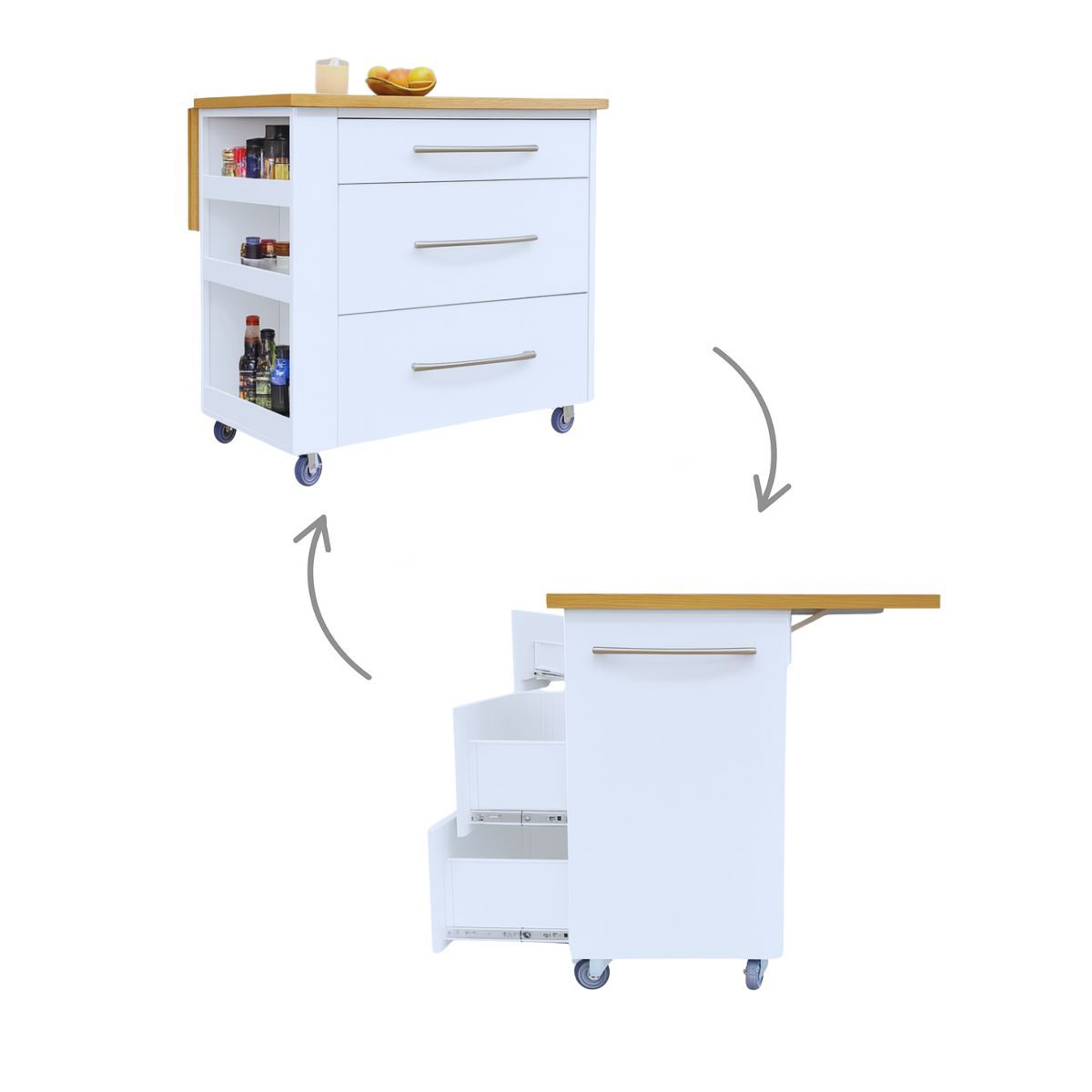 SpaceSave Large Kitchen Island on Wheels with Fold-Out Table & Drawers - White/Kalahari