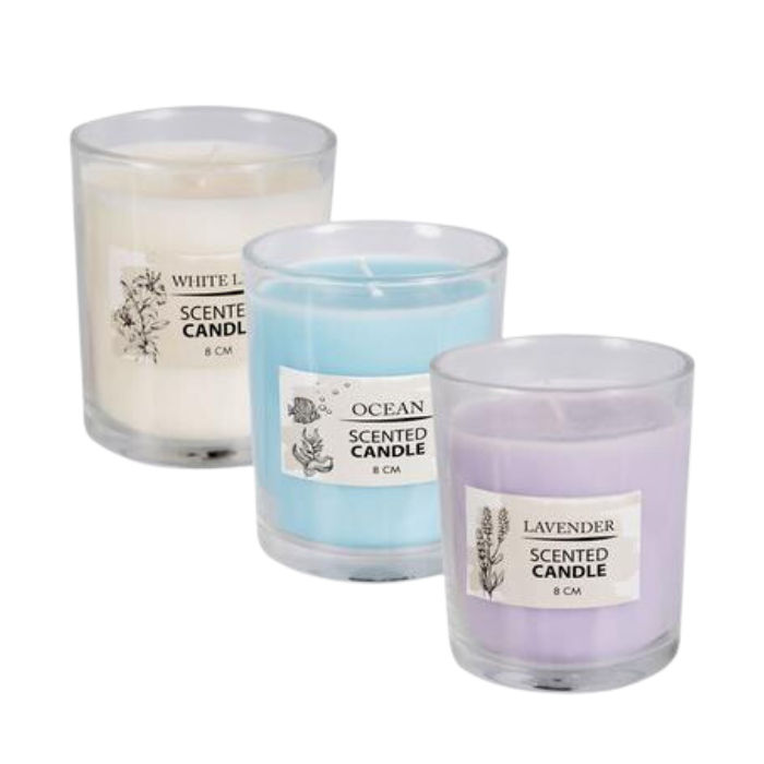 Candle in holder gls 8cm scented asstd (pack of 3)
