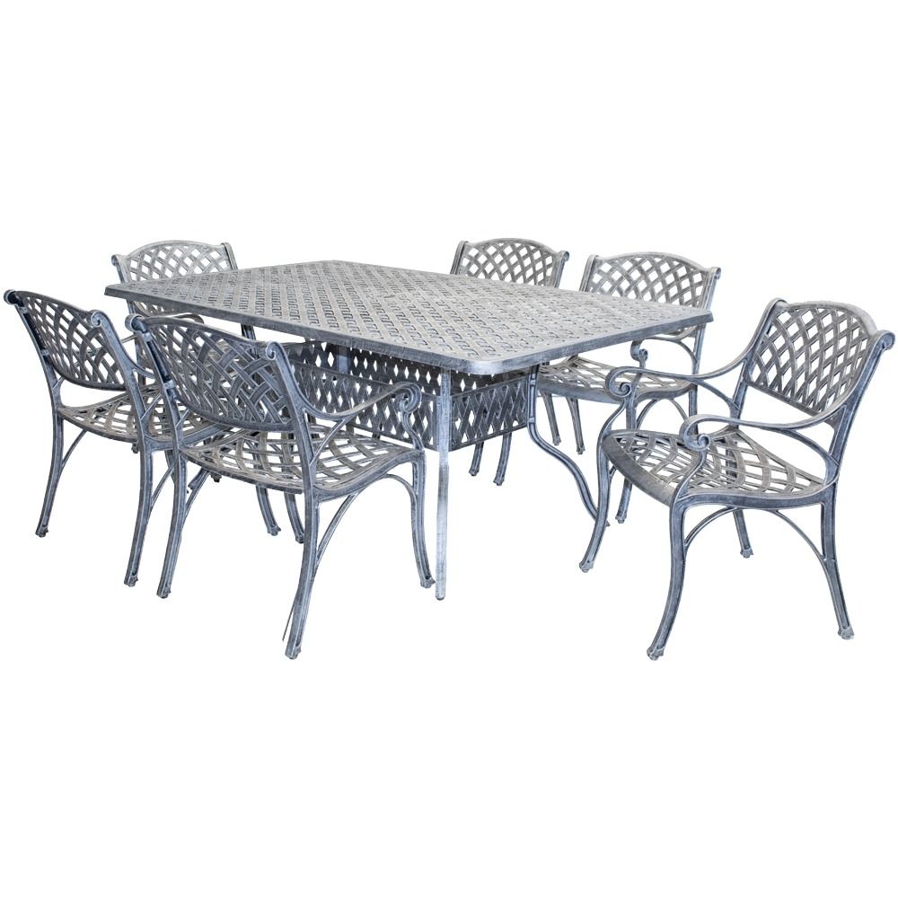 Cottage Aluminium Dining Set 6-Seater (Silver, Green Cushions)