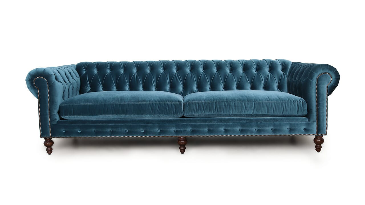 Chesterfield Velvet Turquoise Blue 3 seater Sofa - Brown