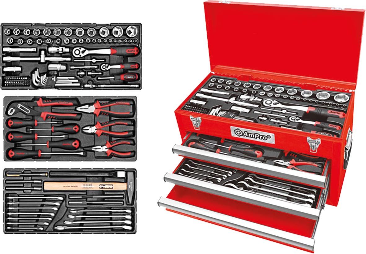 AmPro 118Pc 1/4 & 1/2 Dr. 3-Drawer Chest Tool Set Metric