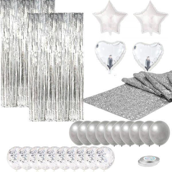 29Pcs Balloons Table Runner Foil Curtains Party Decoration Pack- Silver