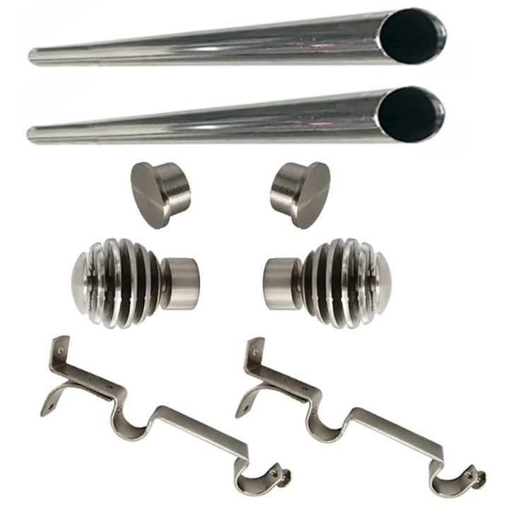 Matoc 25mm Double Curtain Pole Set -SIlver -Dbl extend brkts -Step Ball Finials -1.0m
