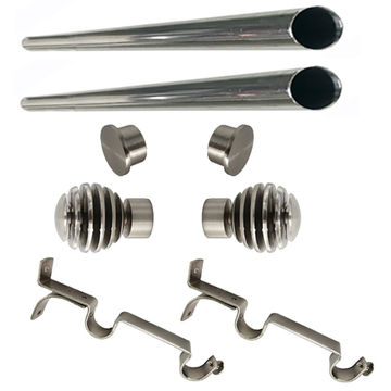 Matoc 25mm Double Curtain Pole Set -SIlver -Dbl extend brkts -Step Ball Finials -1.0m