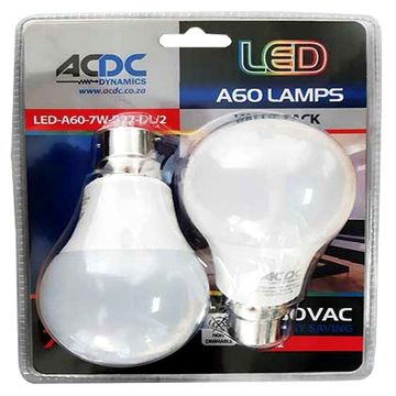 110-240VAC 7W Warm White A60 B22 LED Lamp / 2 Per Pack