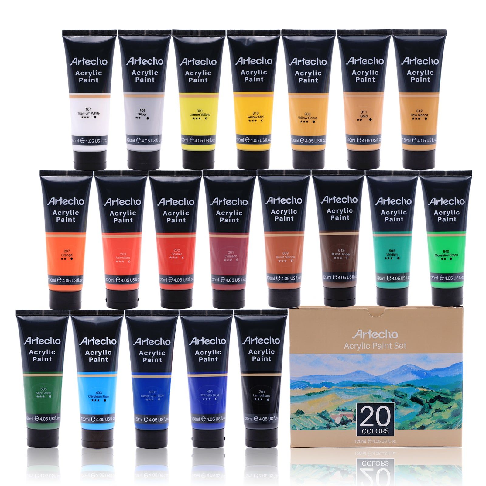 Artecho Acrylic Paint Set, 20 Colours 4.05 oz/120ml tube Art Paint