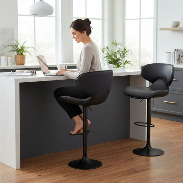 Phineas Set of 2 Shell Swivel PU Leather Gas-Lift Barstools Black
