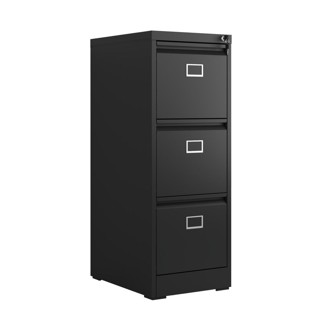 Steel Big Size Vertical 3 Drawer Filing Cabinet Cupboard Locker Swan Handle With Card Slots - Black