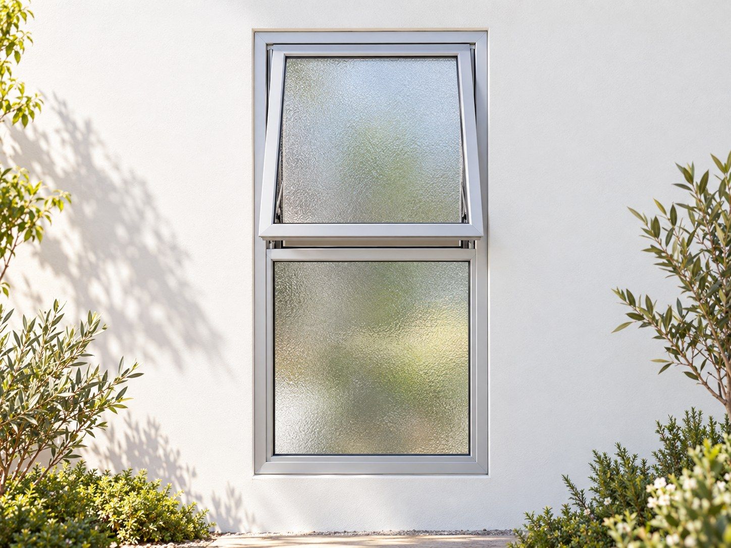 Kenzo Premium Top-Hung Aluminium Window - Silver, 600 1200 mm, Upper Opener with Fixed Lower Pane, Obscure Safety Glass