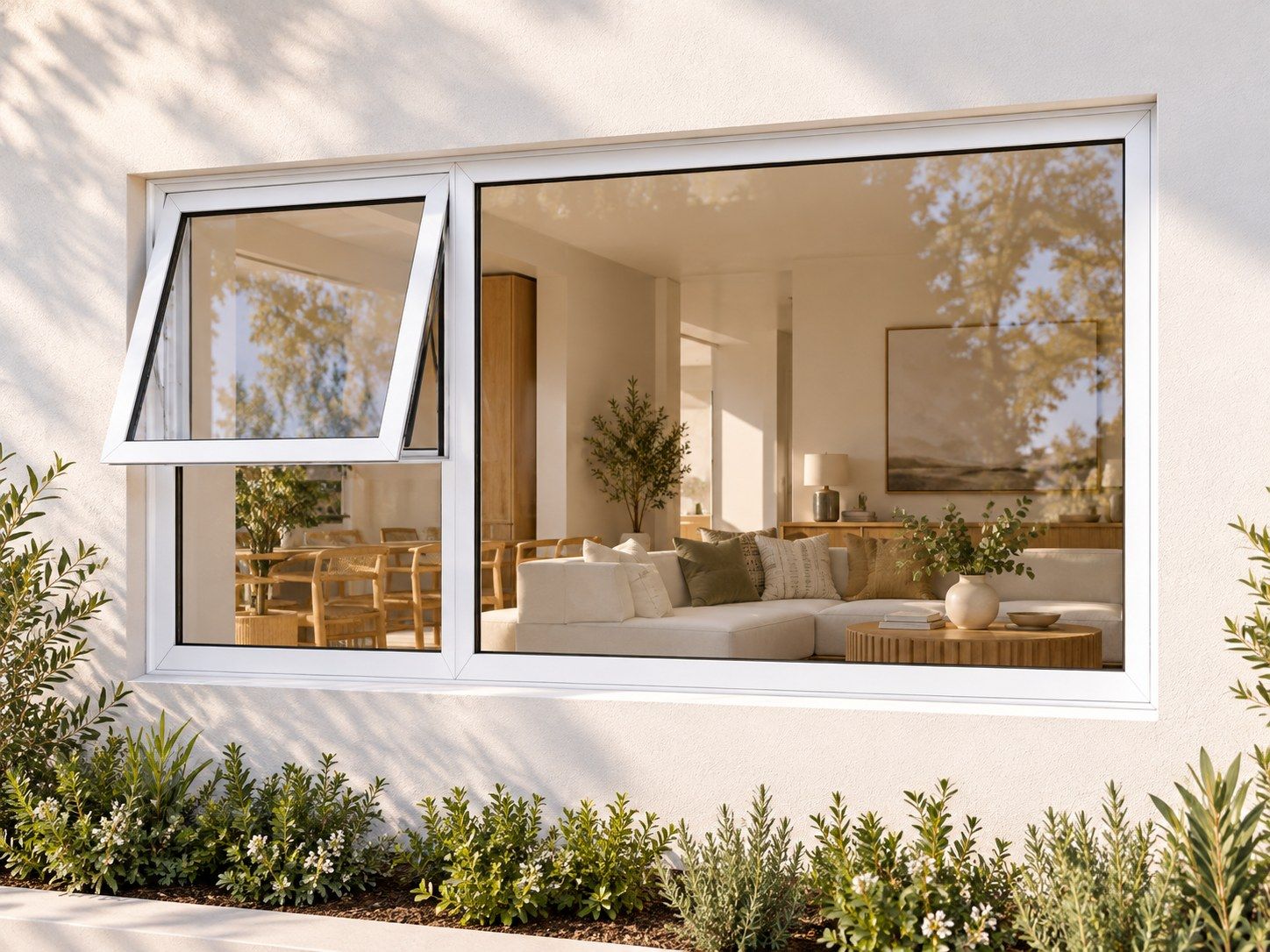 Kenzo Premium Top-Hung Aluminium Window - White, 2100 600 mm, Left Upper Opener with Fixed Side Pane, Clear Glass