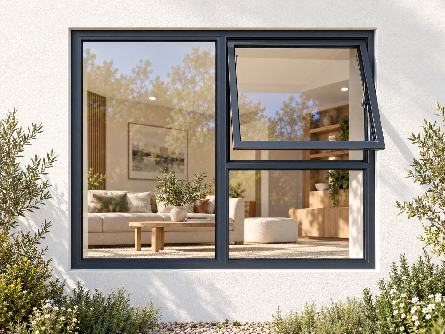 Kenzo Premium Top-Hung Aluminium Window - Charcoal, 1200 900 mm, Right Upper Opener with Fixed Lower and Side Panes, Clear Glass