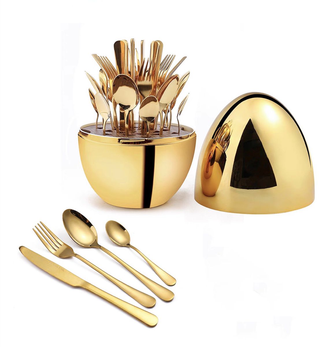 24pcs Egg Shaped Holder Cutlery Set - Gold