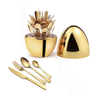24pcs Egg Shaped Holder Cutlery Set - Gold
