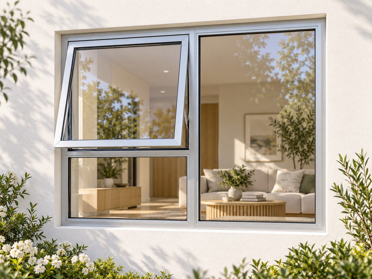 Kenzo Premium Top-Hung Aluminium Window - Silver, 1200 900 mm, Left Upper Opener with Fixed Lower and Side Panes, Clear Glass