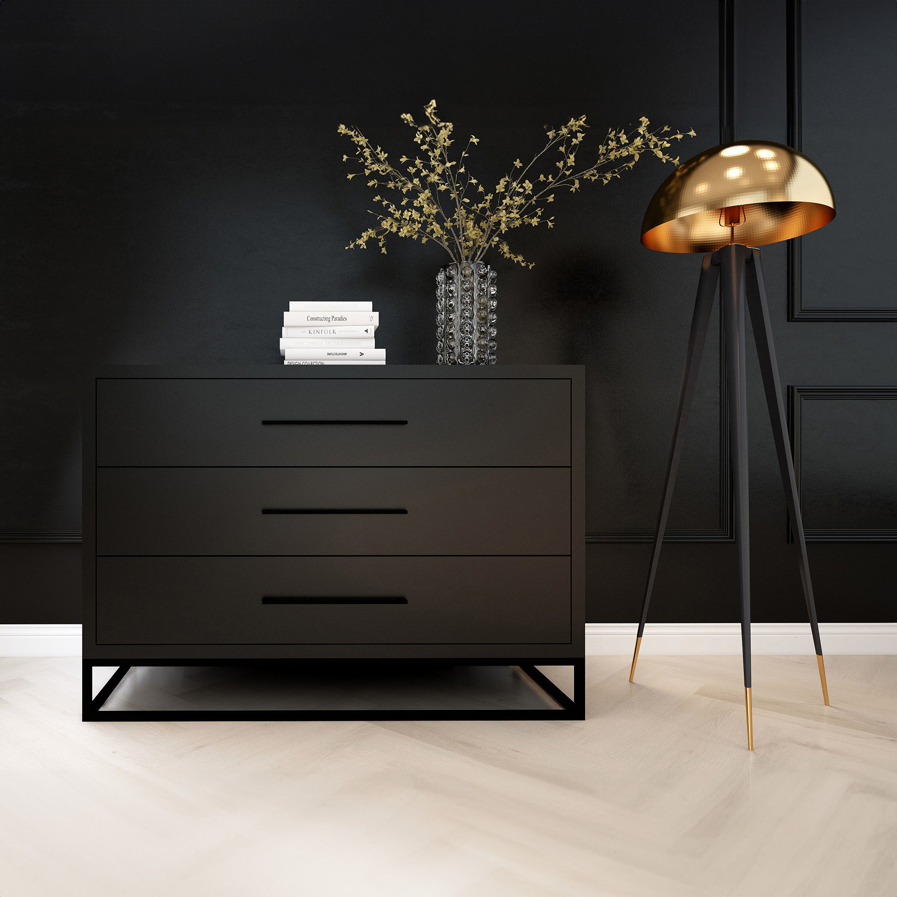 3 Drawer Server Lilo Satin Black - Black Frame