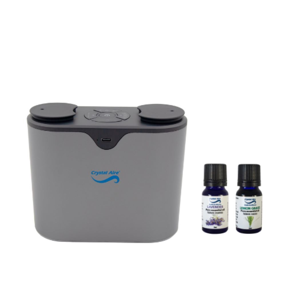 Crystal Aire Dual Waterless Fragrance Diffuser & 2x Essential Oil 10ml (Lavender & Lemongrass)