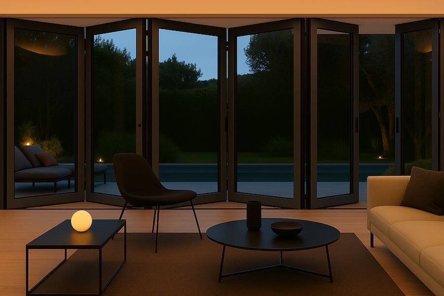 Kenzo - SFD6FG6RC - Aluminium Fold A-Side Door 3.6mx2.1m Charcoal 5 Doors Open Right, 1 Door Open Left Viewed From Outside