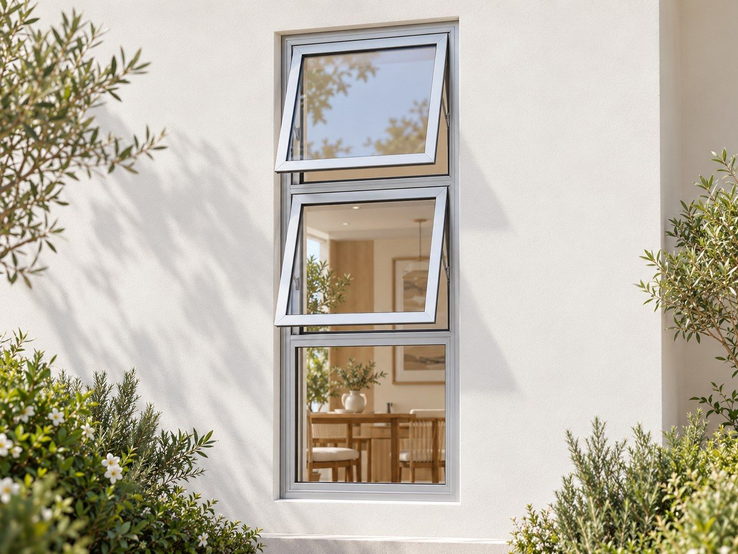 Kenzo Premium Top-Hung Aluminium Window - Silver, 600 1500 mm, Two Stacked Openers with Fixed Lower Pane, Clear Glass