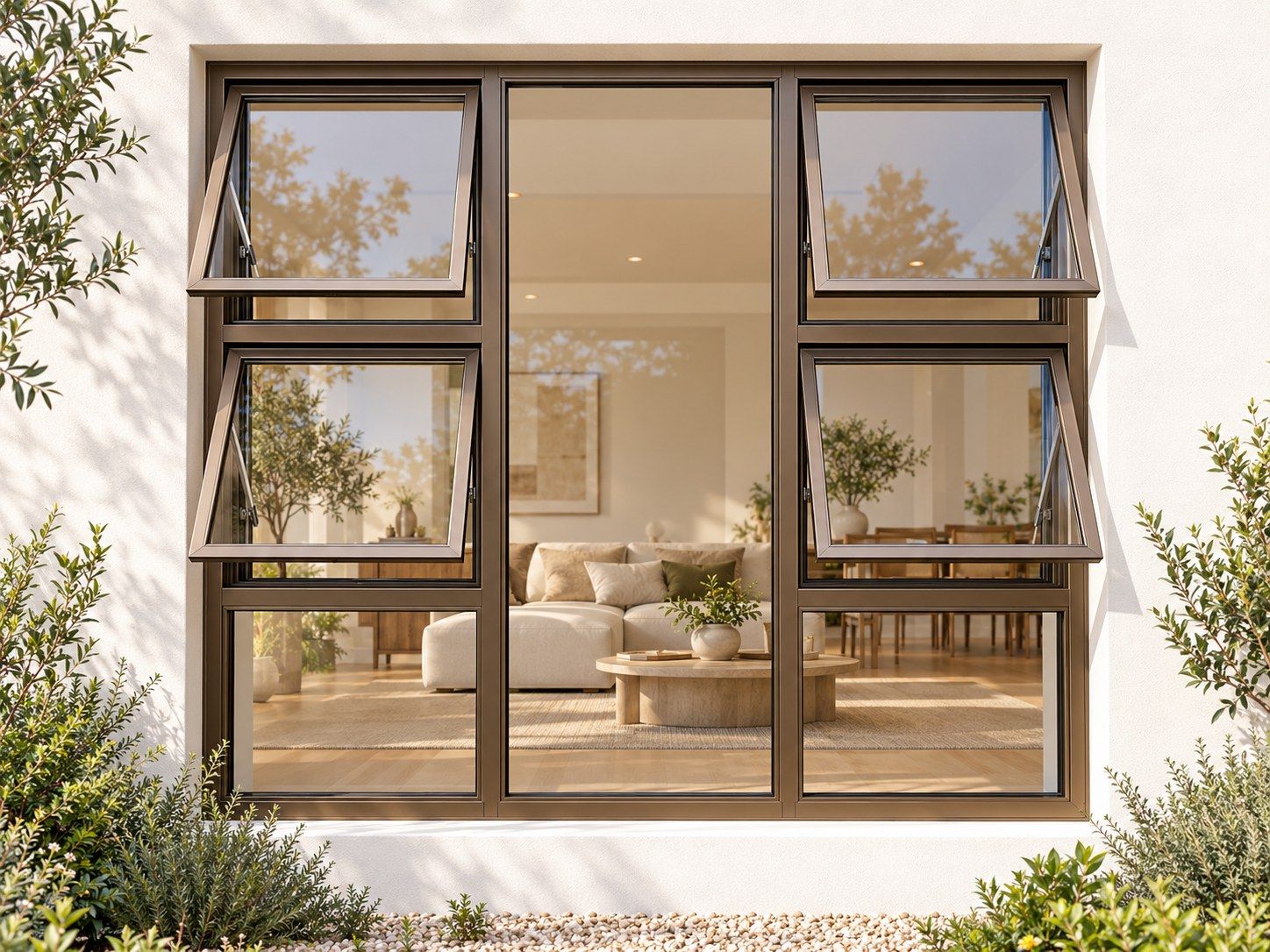 Kenzo Premium Top-Hung Aluminium Window - Bronze, 1800 1800 mm, Four Openers with Fixed Centre and Lower Panes, Clear Glass