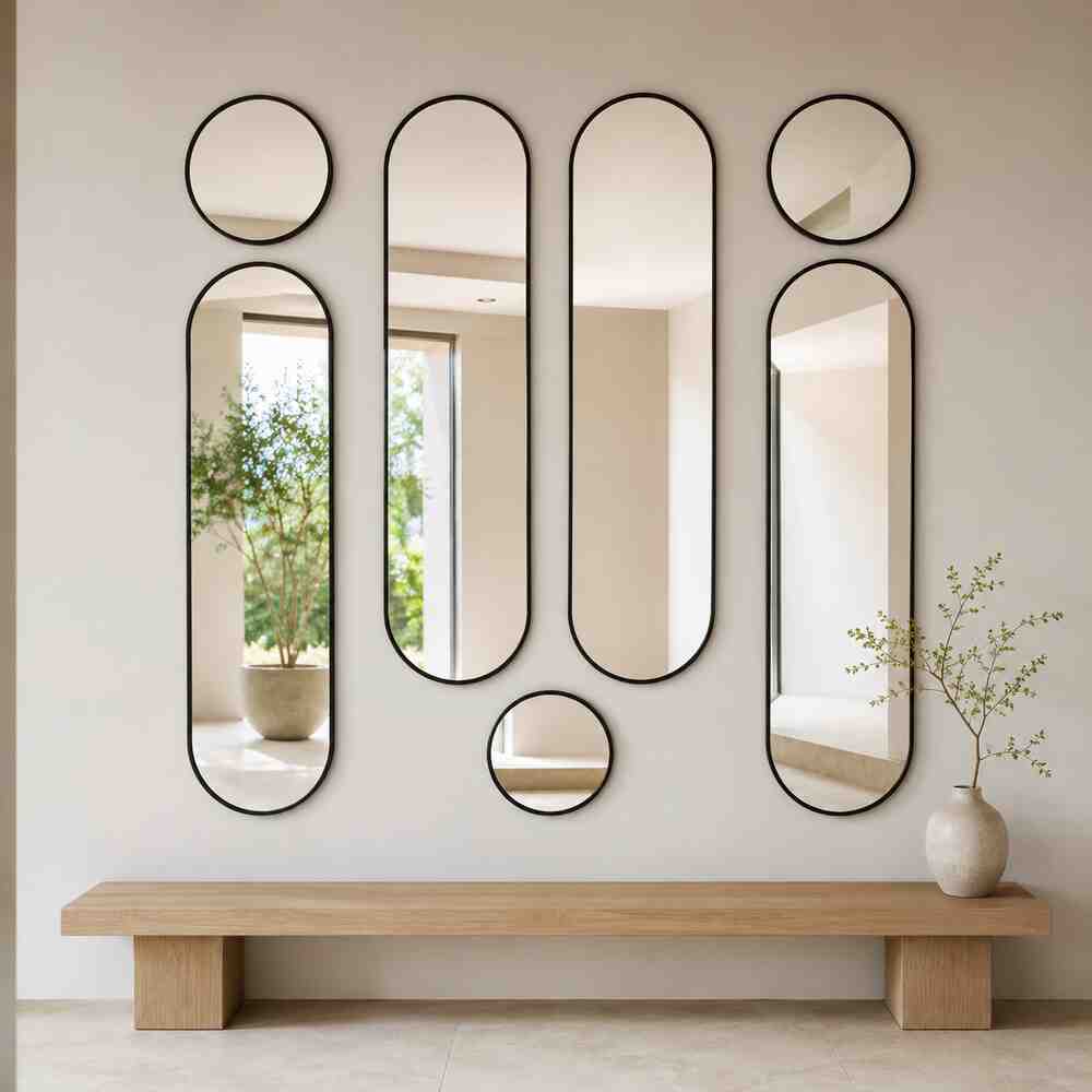 7-Piece Matt Black Steel Mirror Wall Set – Capsule & Round Feature Mirrors The Gallery Seven