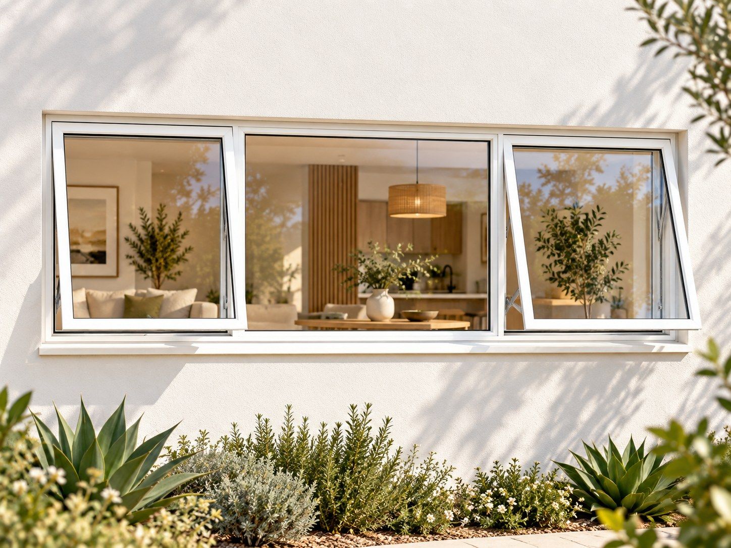 Kenzo Premium Top-Hung Aluminium Window - White, 2100 400 mm, Two Outer Openers with Fixed Centre, Clear Glass