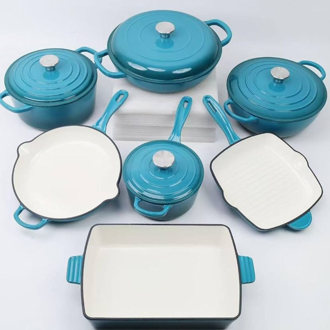 11-Piece Enameled Cast Iron Cookware Set – Non-Stick Dutch Ovens, Frying Pans, Grill Pan & Roaster (Teal / Turquoise)