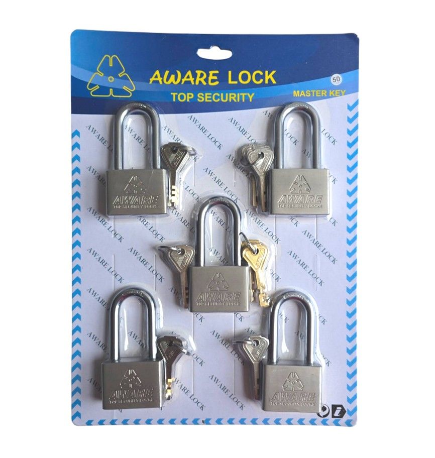AWARE - Security Padlock Set - Individual Keys with Master Key 50mm x 5 Pcs - Long Shackle
