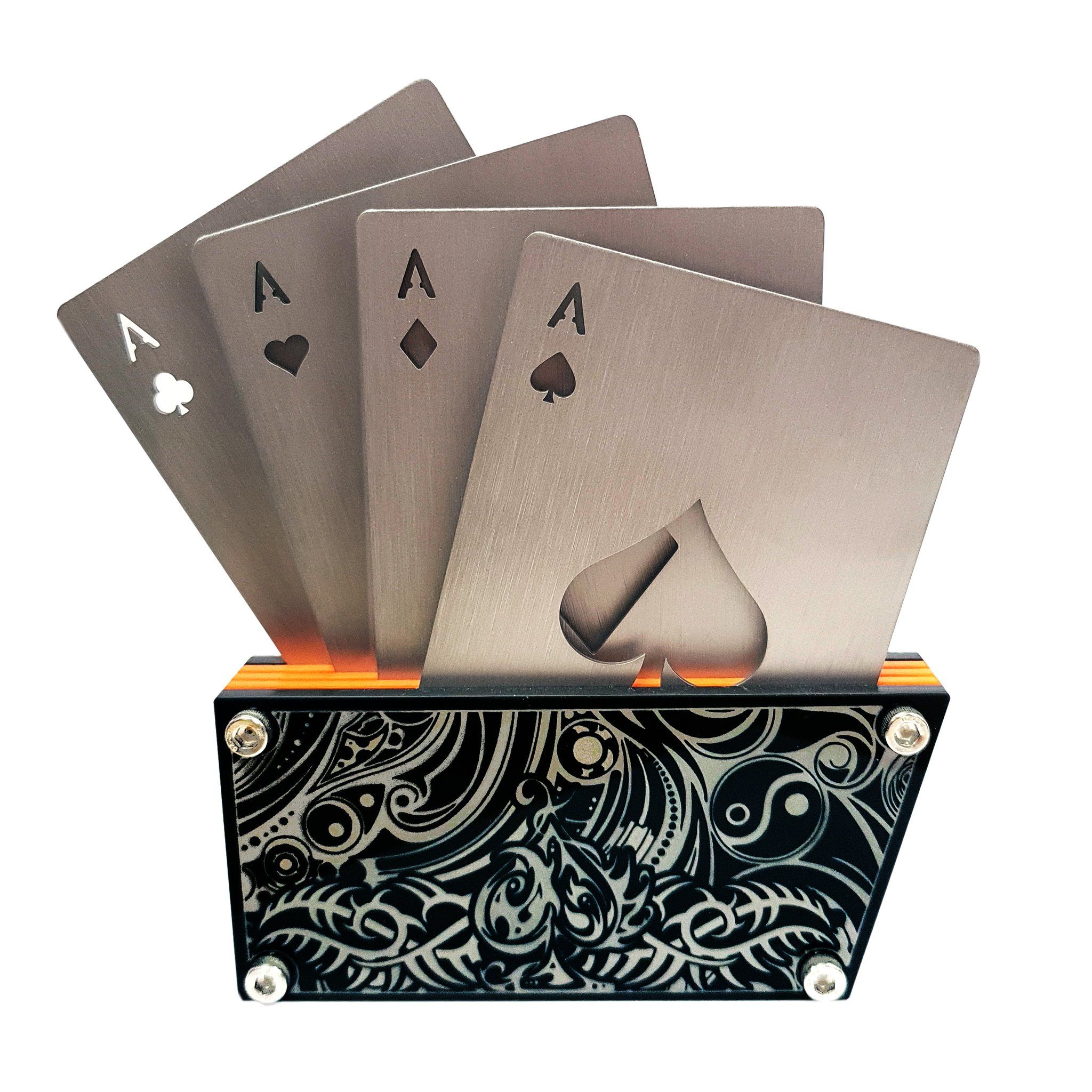 Stainless Steel Playing Cards Coaster & Bottle Opener Set of 4 with Base