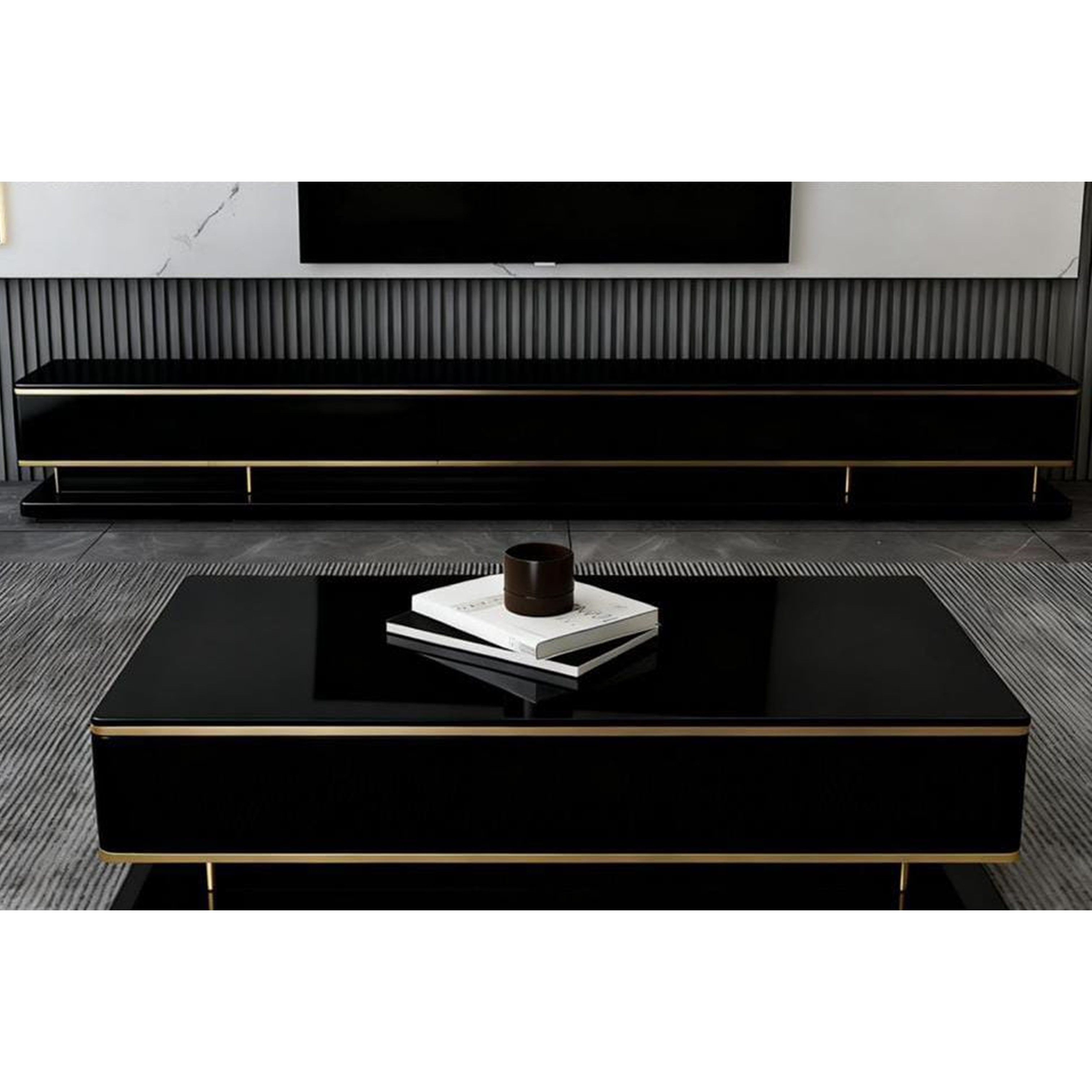 Madiega Furniture - Gold Trim Black Gloss Living Room Set
