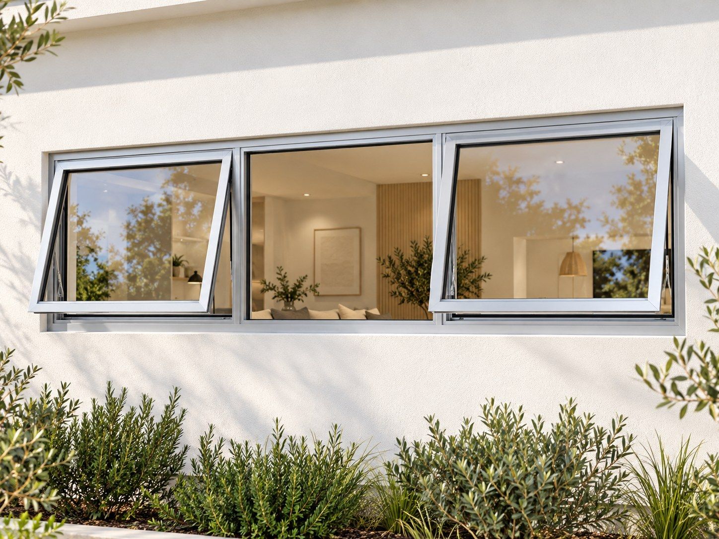 Kenzo Premium Top-Hung Aluminium Window - Silver, 1800 400 mm, Two Outer Openers with Fixed Centre, Clear Glass