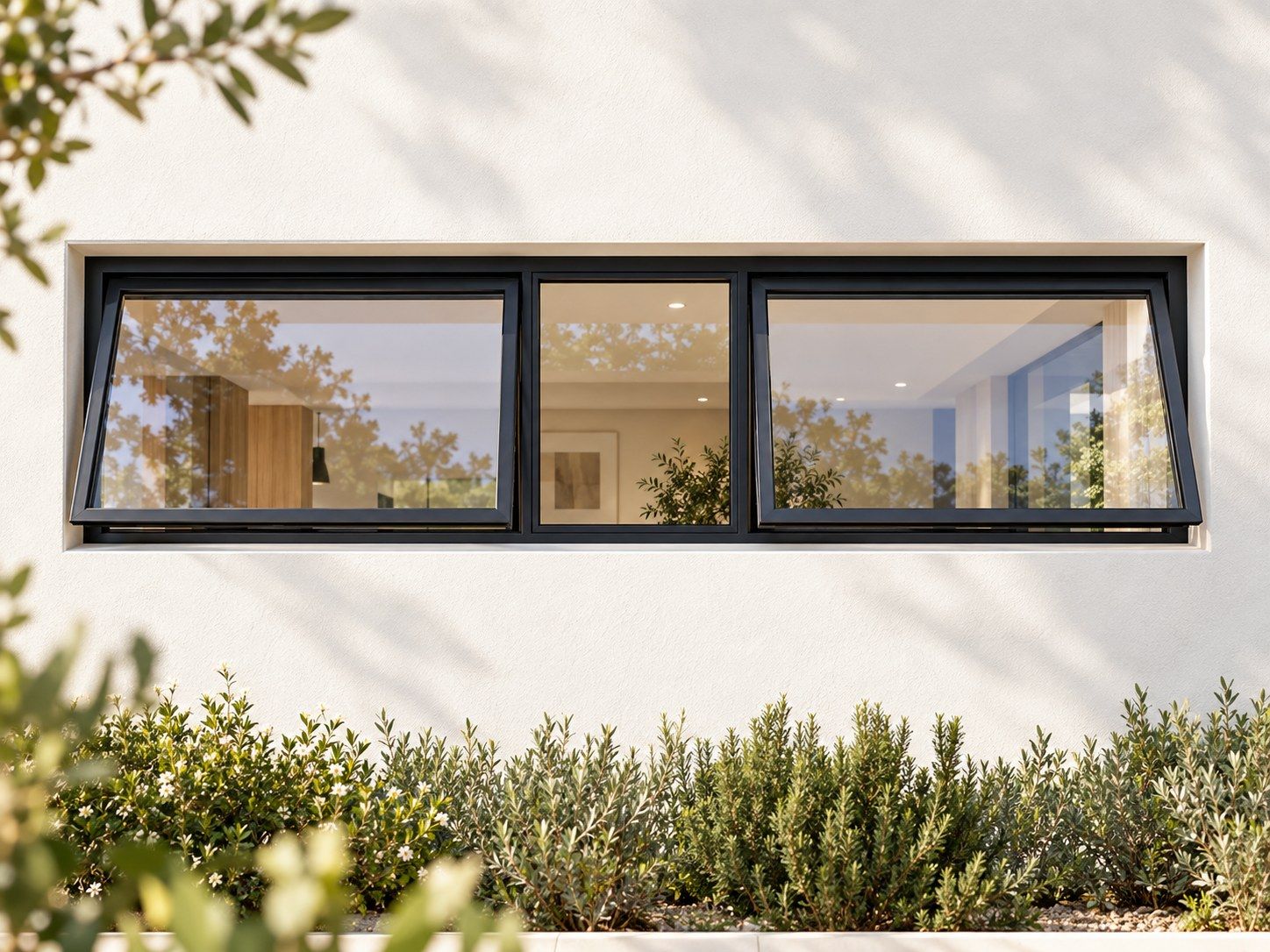 Kenzo Premium Top-Hung Aluminium Window - Black, 1500 400 mm, Two Outer Openers with Fixed Centre, Clear Glass