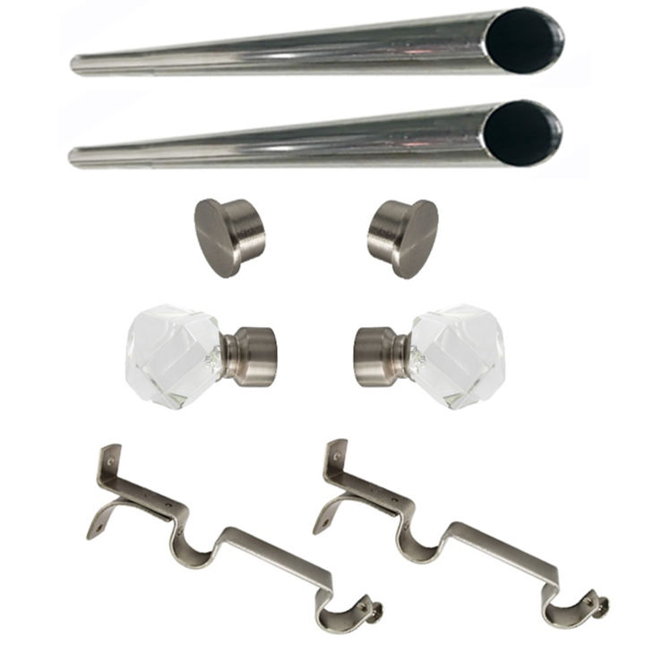 Matoc 25mm Double Curtain Pole Set -SIlver -Dbl extend brkts -Crystal Prism Finials -1.5m
