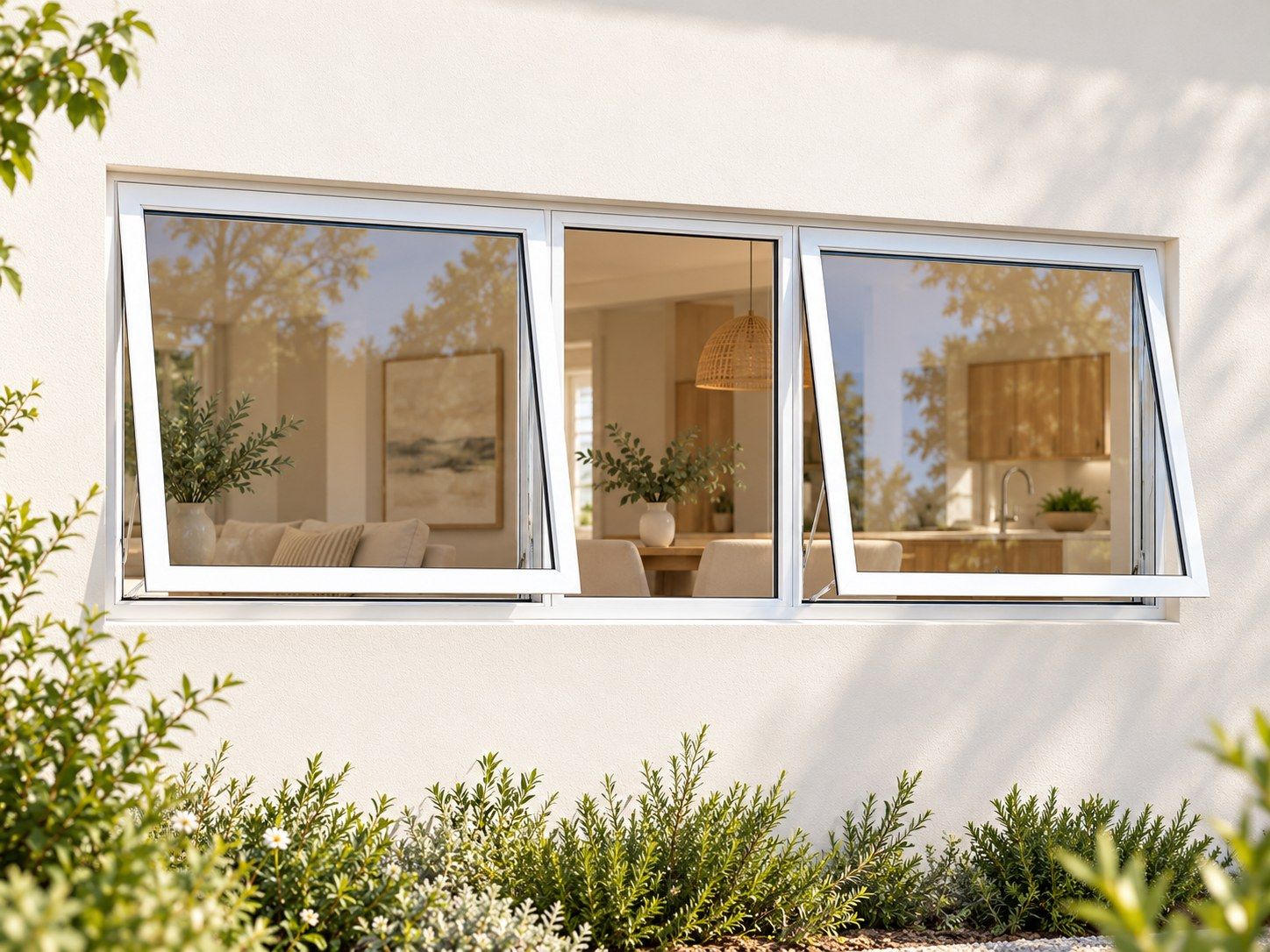 Kenzo Premium Top-Hung Aluminium Window - White, 1500 600 mm, Two Outer Openers with Fixed Centre, Clear Glass