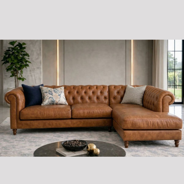 Lucky Furn Chesterfield L-Shape pure Leather Sofa - Tan