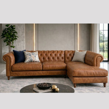 Lucky Furn Chesterfield L-Shape pure Leather Sofa - Tan