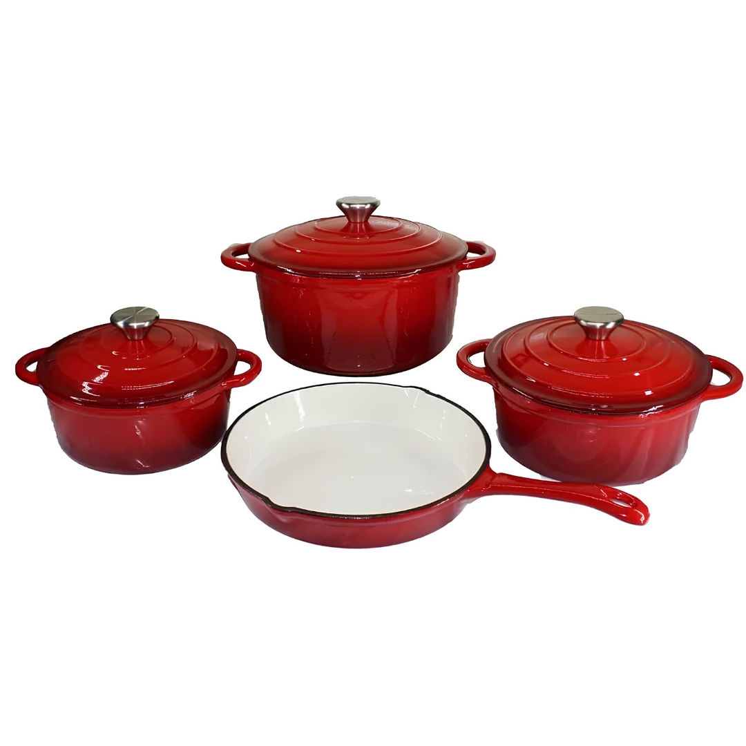 7-Piece Enameled Cast Iron Cookware Set – 3 Round Casserole Dutch Ovens with Lids & Frying Pan (Cherry Red)