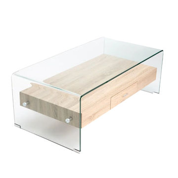 Vividitto - Hooch 120x60cm 12mmTempered Glass Coffee Table With Drawer - Oak