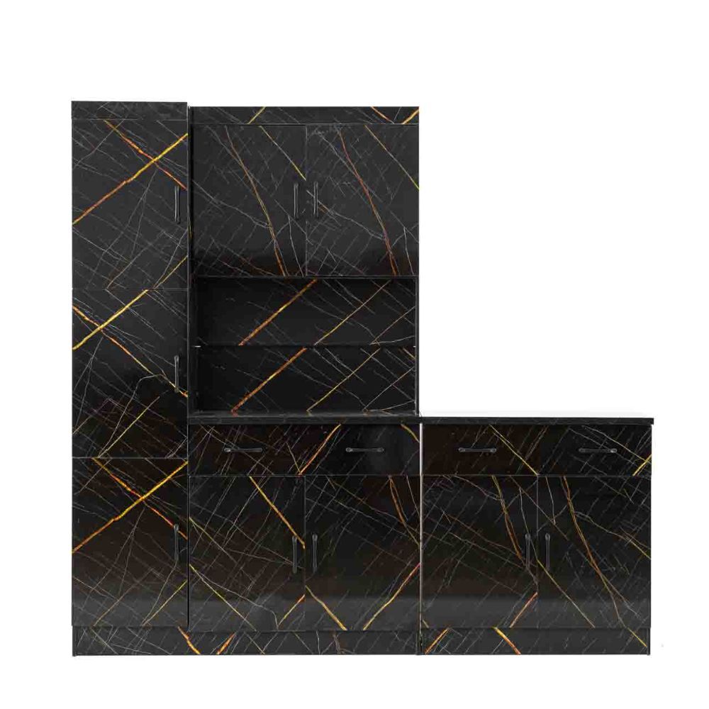 2-Piece High-Gloss Kitchen Cabinet Set with Marble-Effect Finish, Shelves and Drawers