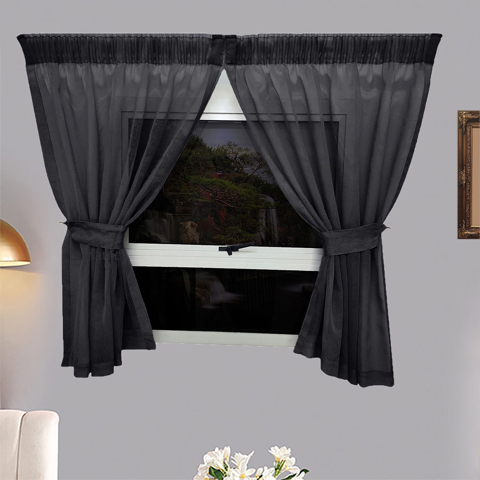 Matoc Designs Café Curtain - Mystic Voile - Charcoal - Taped - 110cm W x 120cm H - 2 Pack