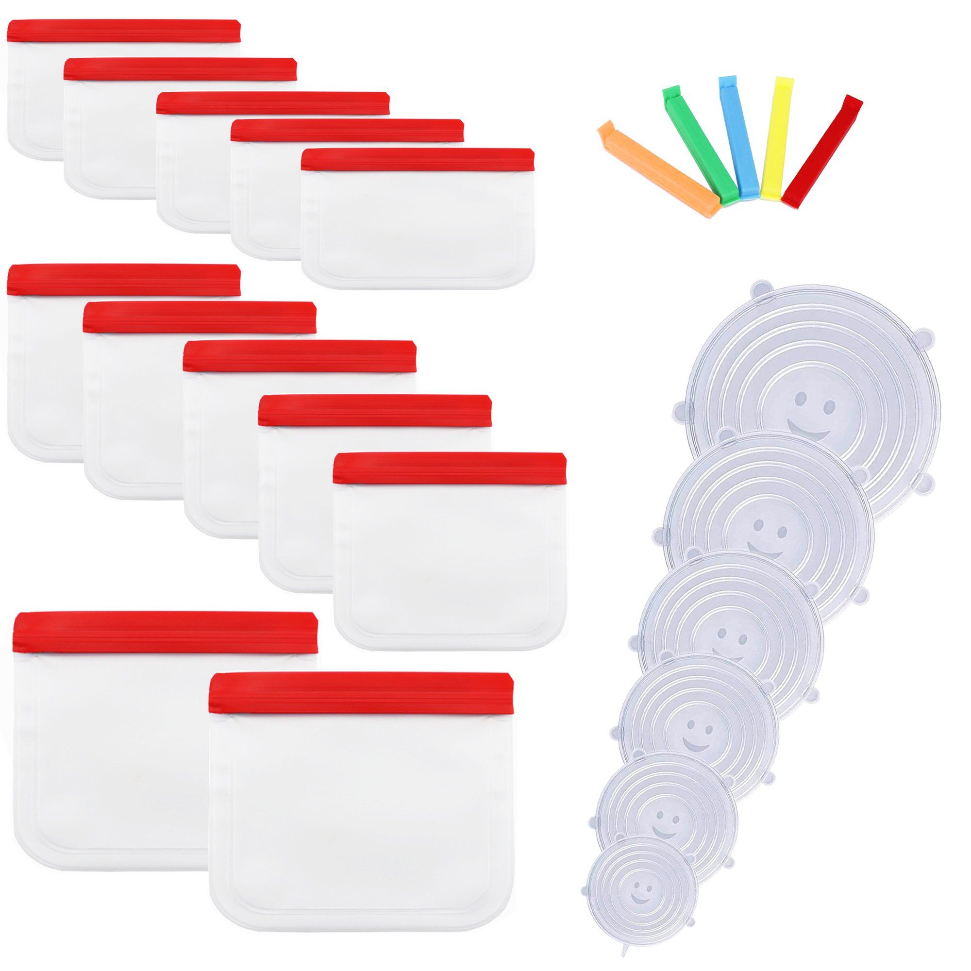 Reusable Food Storage Bag Silicone Lid & Bag Clip Set
