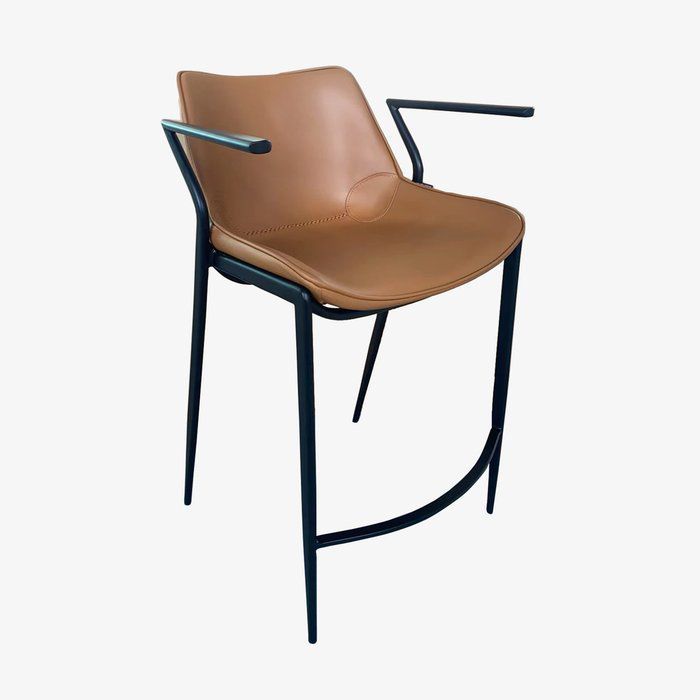 Modern Cognac Leather Counter Stool with Slim Metal Frame