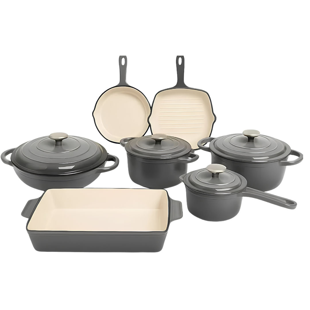 Premium 11-Piece Enameled Cast Iron Cookware Set – Charcoal Grey Heavy-Duty Dutch Ovens, Pans & Roaster
