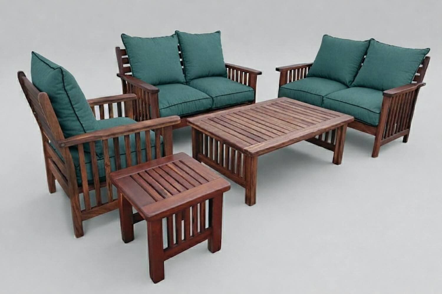 Zambezi Teak Lounge Set 5-Piece 5-Seater x1 1-Seater 2 Two-Seater Sofas Coffee Table Side Table (Green Cushions)