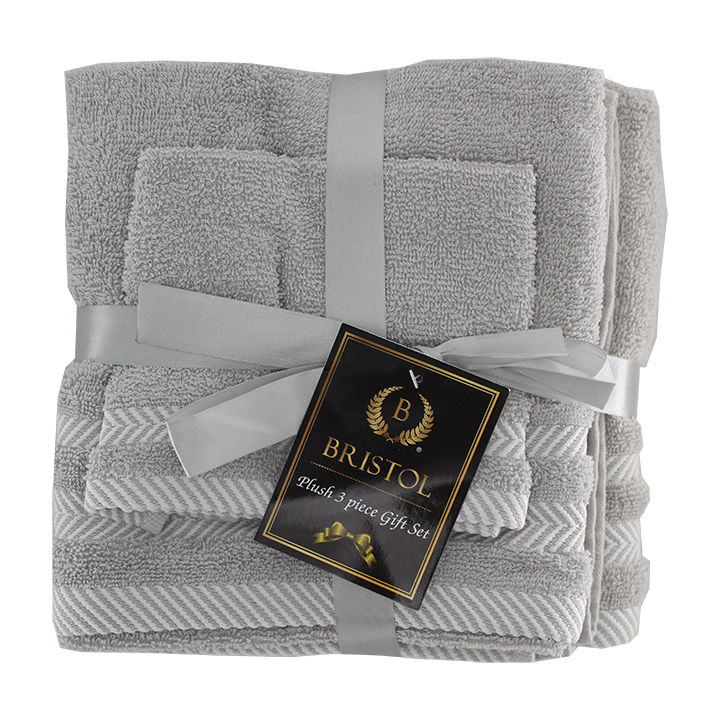 Plush 3 Piece Set - Bath Towel, Hand Towel and Face Cloth - 100% Cotton - Light Grey